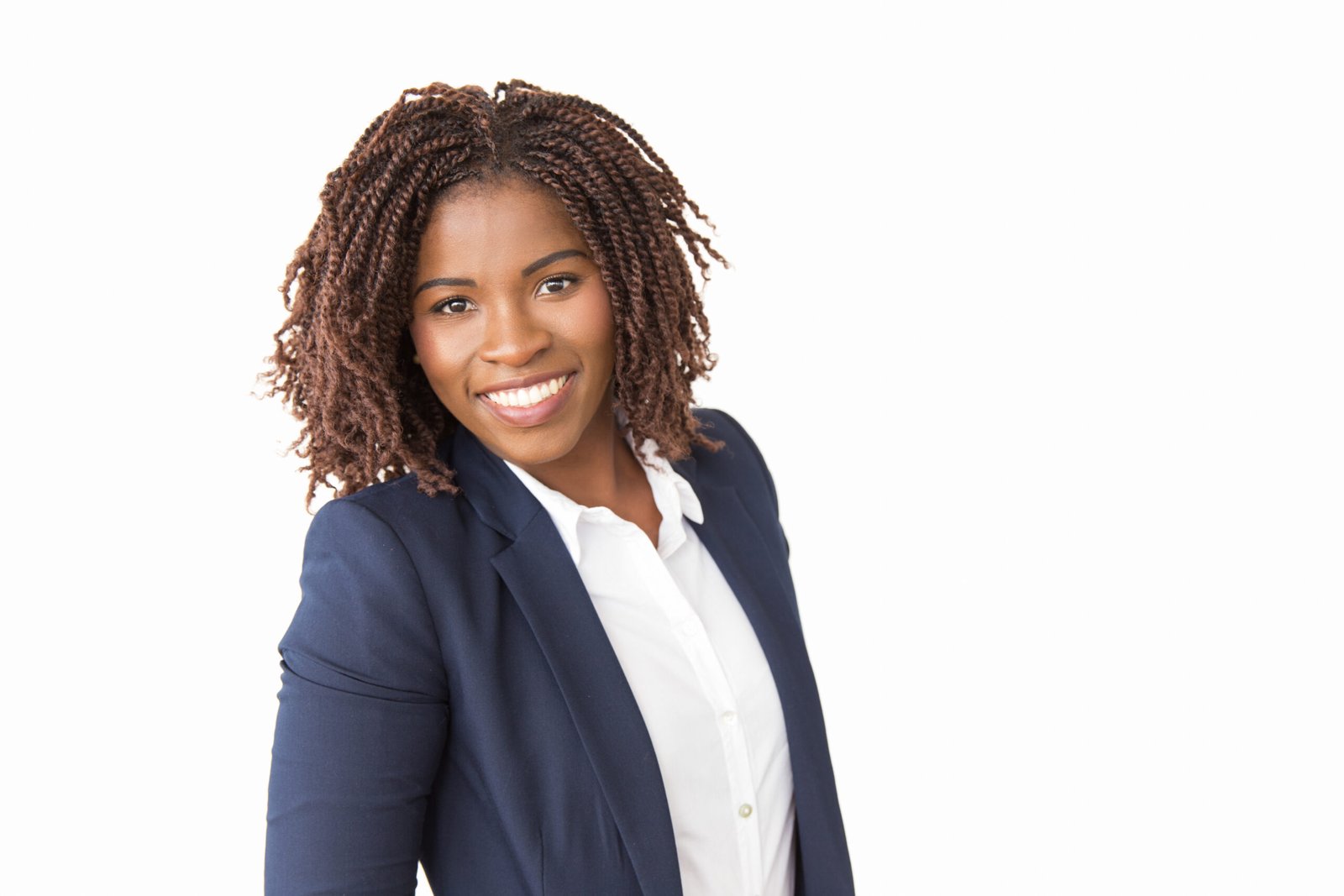 happy successful beautiful business woman posing in studio